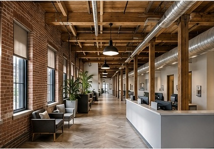 Bright open office with rows of desks, computers, and chairs in a spacious work area.
