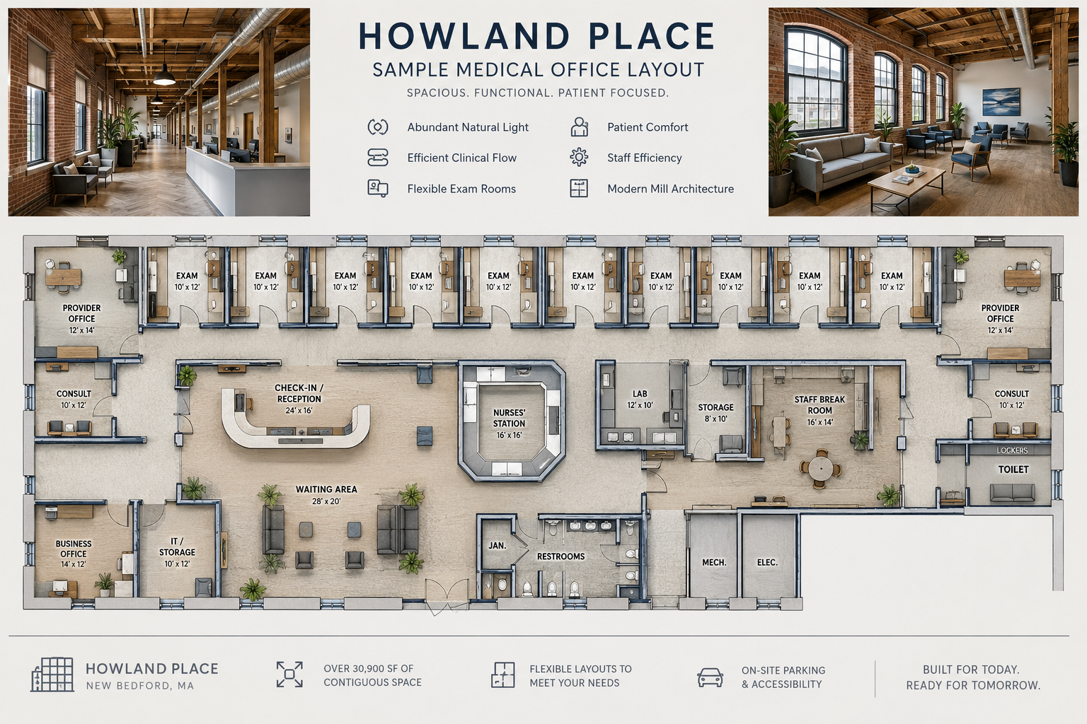 Howland Place office building floor plan with lobby and conference room photos