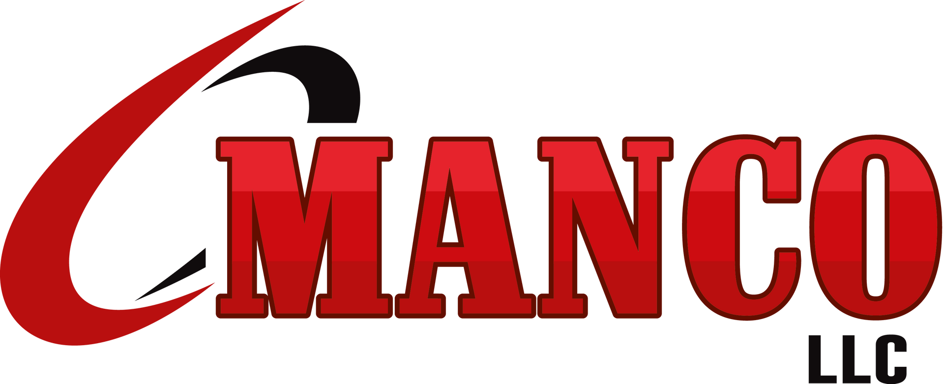 A red and black logo for manco llc on a white background