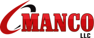 A red and black logo for Manco llc on a white background
