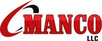 A red and black logo for manco llc on a white background