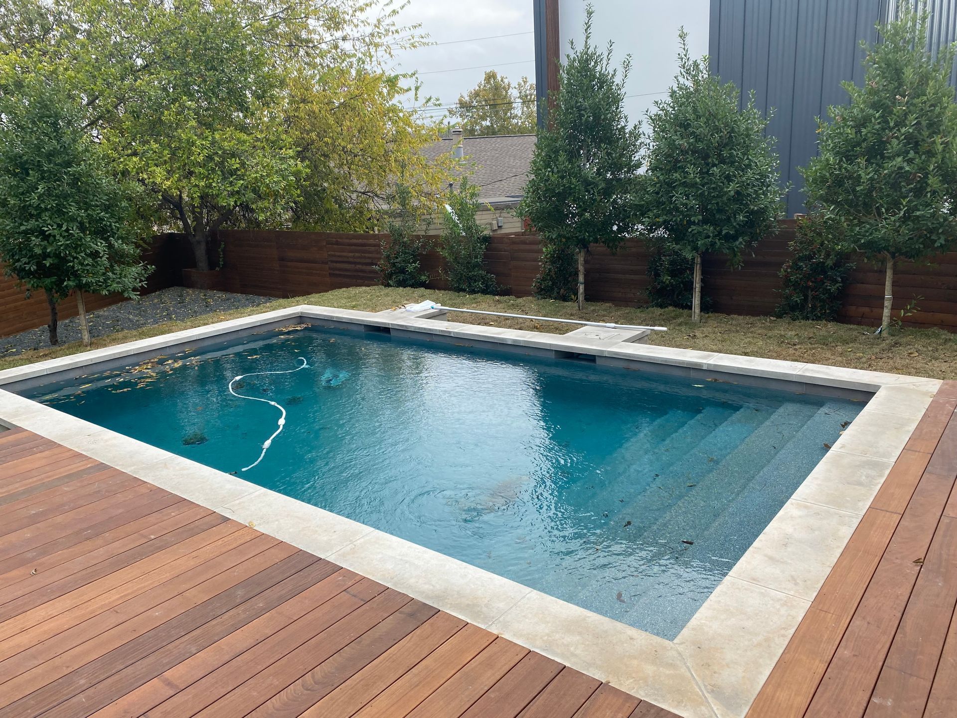 Backyard swimming pool with blue water, white stone coping, and wooden deck surrounded by greenery