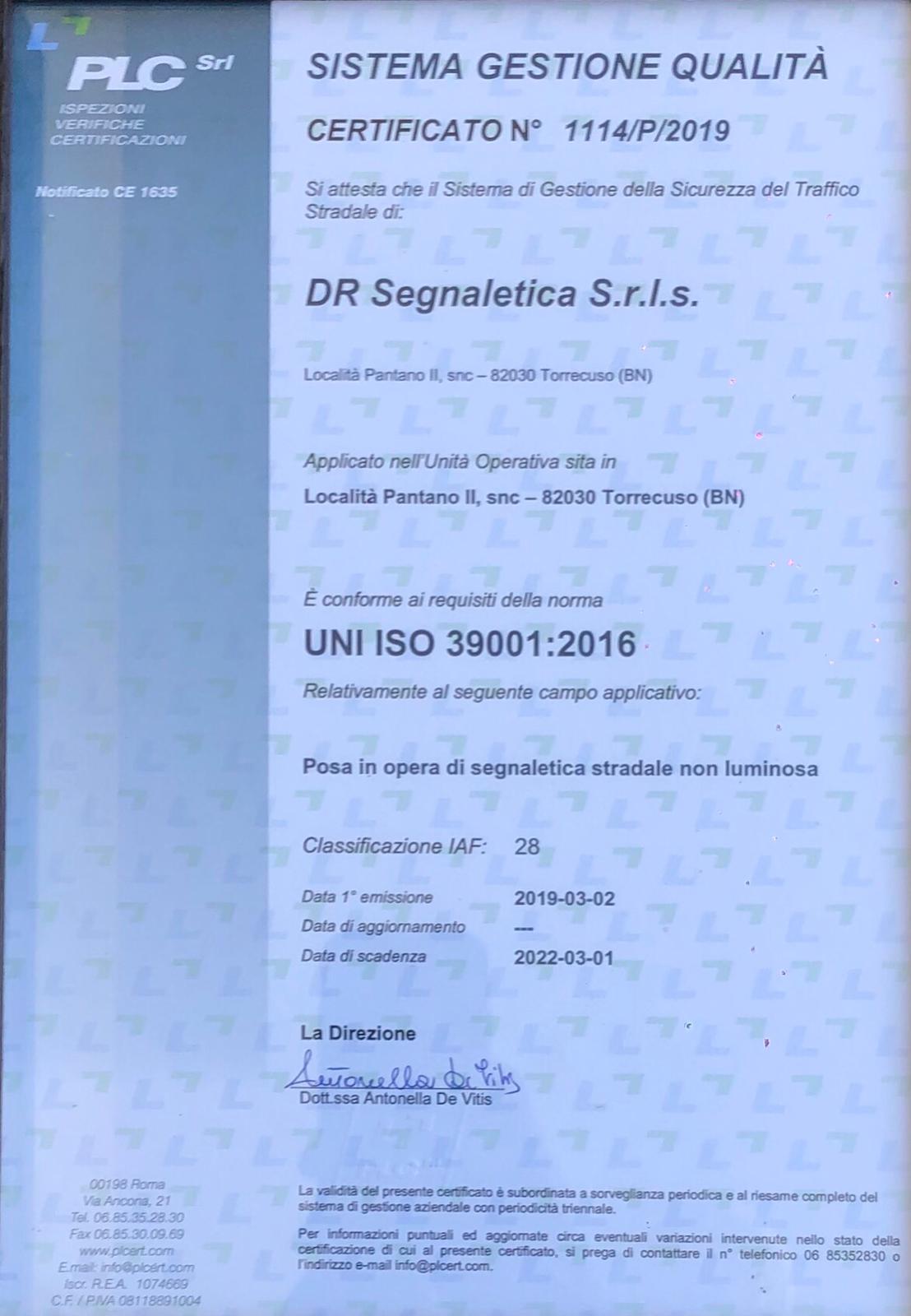 Certificazione UNI ISO 39001:2016
