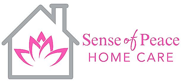 A logo for sense of peace home care with a house and a lotus flower.