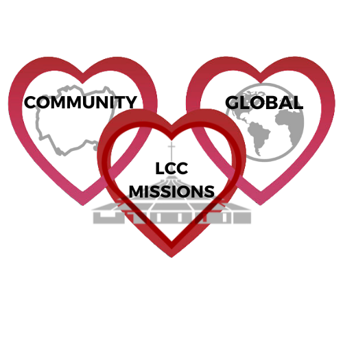 Three hearts with the words community global and lcc missions on them