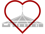 A red heart with a church in the background