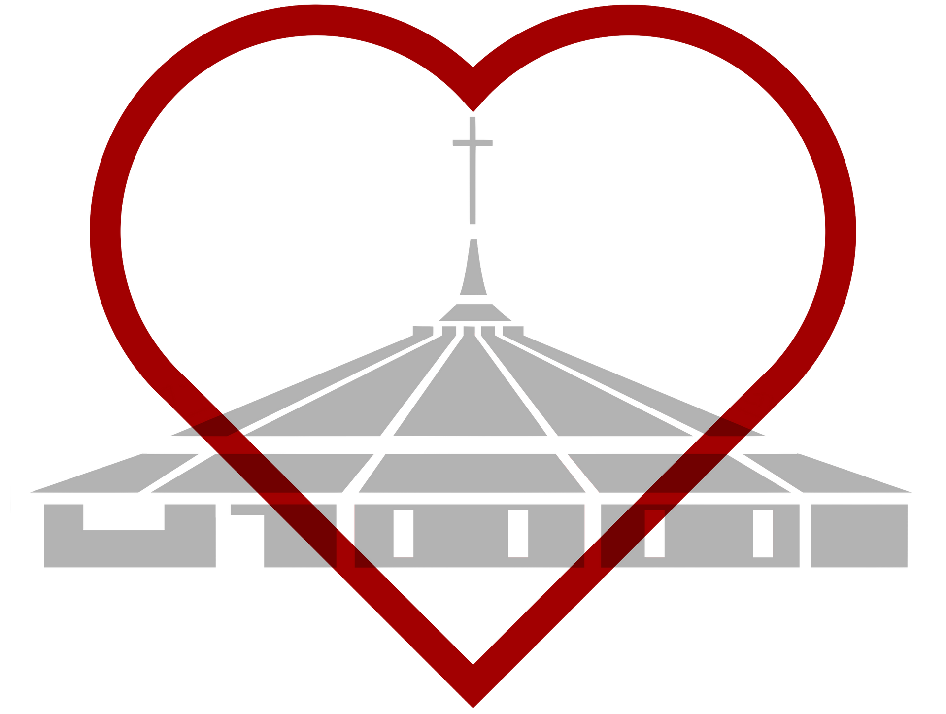 A red heart with a church in the background