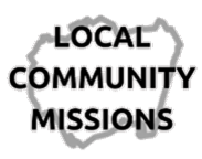 A black and white logo for local community missions with a map in the background.