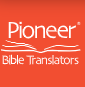 The logo for pioneer bible translators is orange and white.