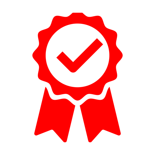 Red award ribbon with white circle and checkmark.