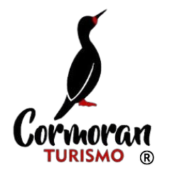 Logotipo de Cormorant Turismo con un pájaro negro y detalles rojos sobre fondo blanco.