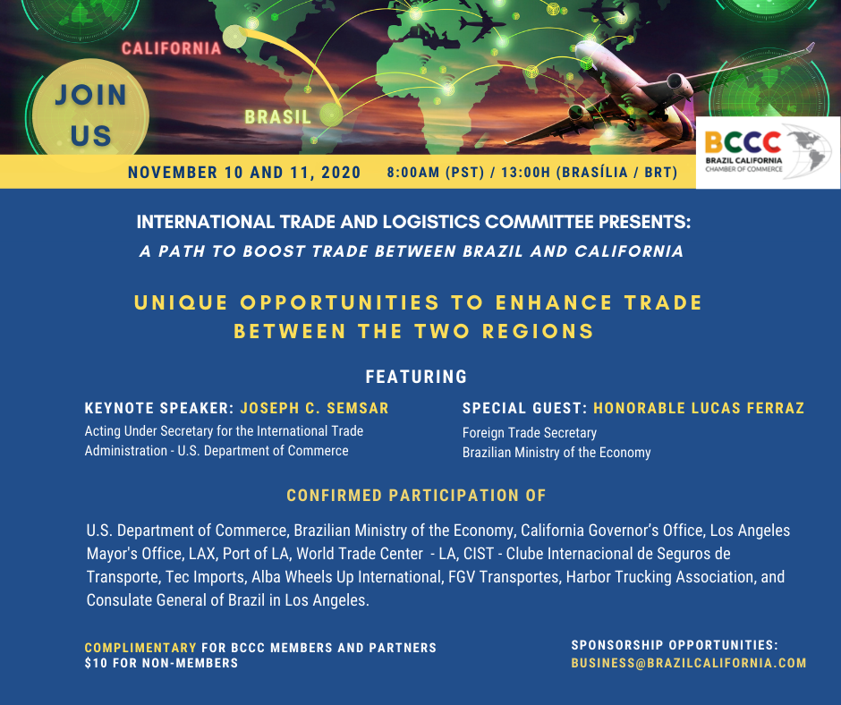 Promotional poster: International trade event. California/Brazil. Featuring speakers, organizations, and dates.