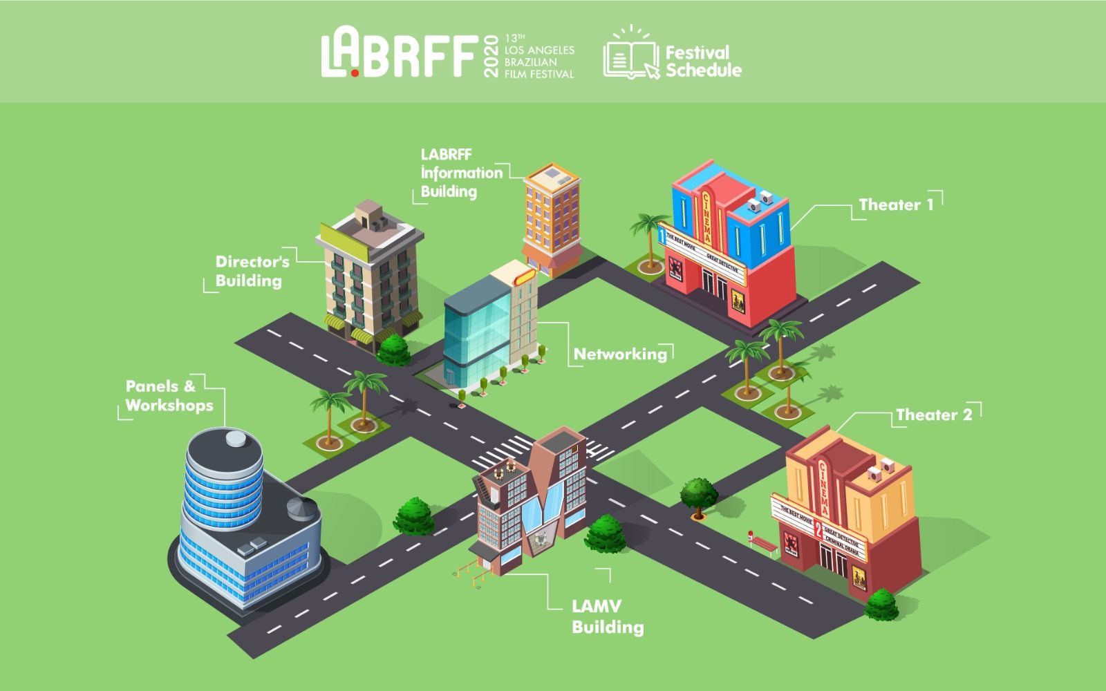 Isometric map of a city with buildings, roads, and palm trees. Features LABRFF festival locations.
