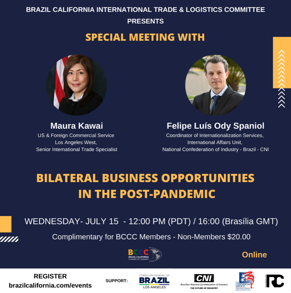Flyer: Special meeting on post-pandemic business opportunities with speakers Maura Kawai and Felipe Luis Ody Spaniol.