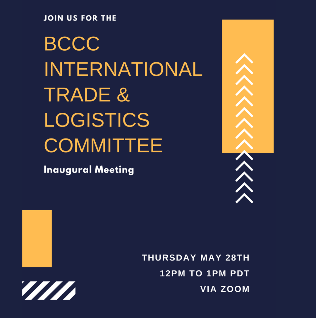 BCCC International Trade & Logistics Committee inaugural meeting announcement, dark blue background, gold accents, May 28th, Zoom.