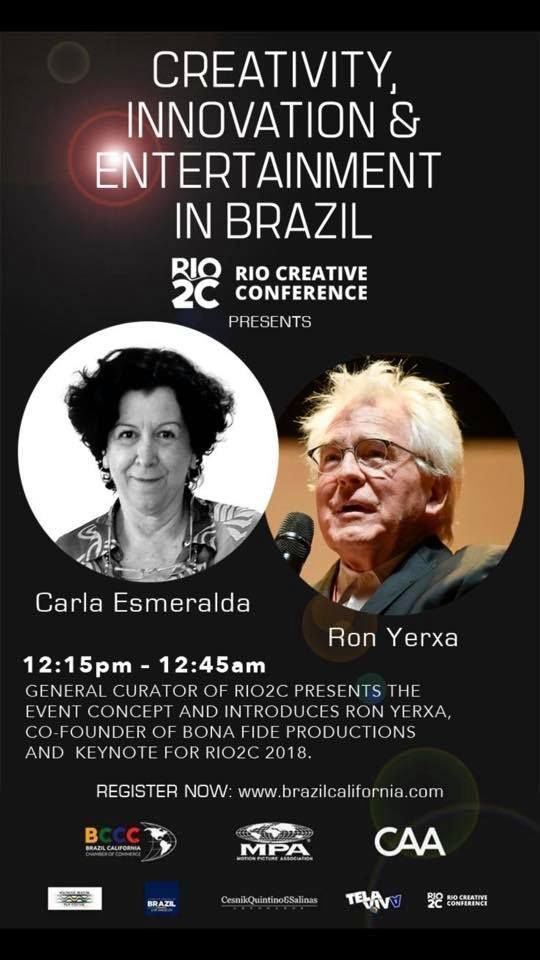 Poster for Rio Creative Conference: speakers Carla Esmeralda and Ron Yerxa discussing creativity in Brazil.