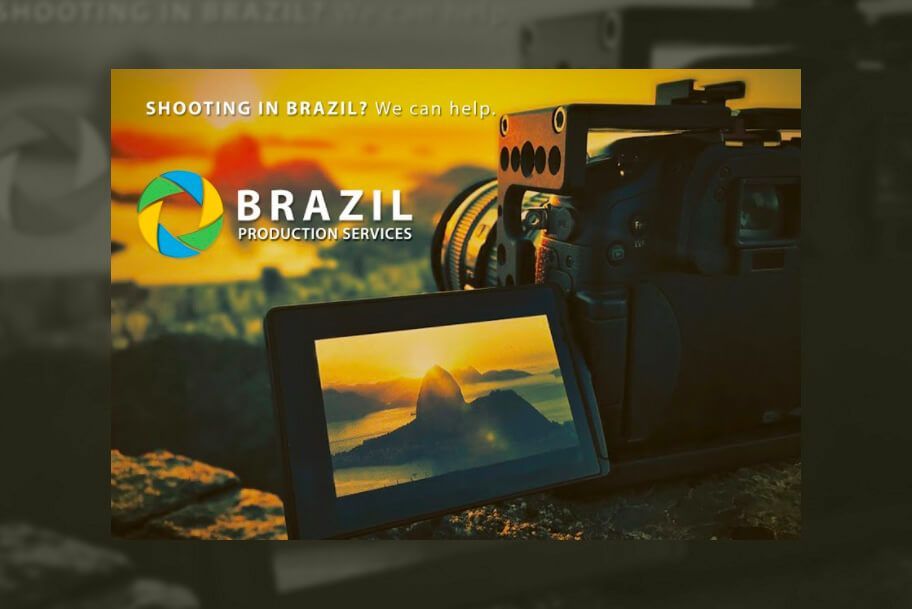 Brazil production services advertisement. Camera pointed at a monitor with a sunset view. Logo present.