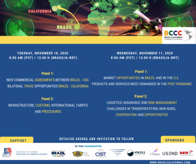 Conference announcement: Brazil-California trade opportunities, featuring panels on agreements, infrastructure, and market opportunities.