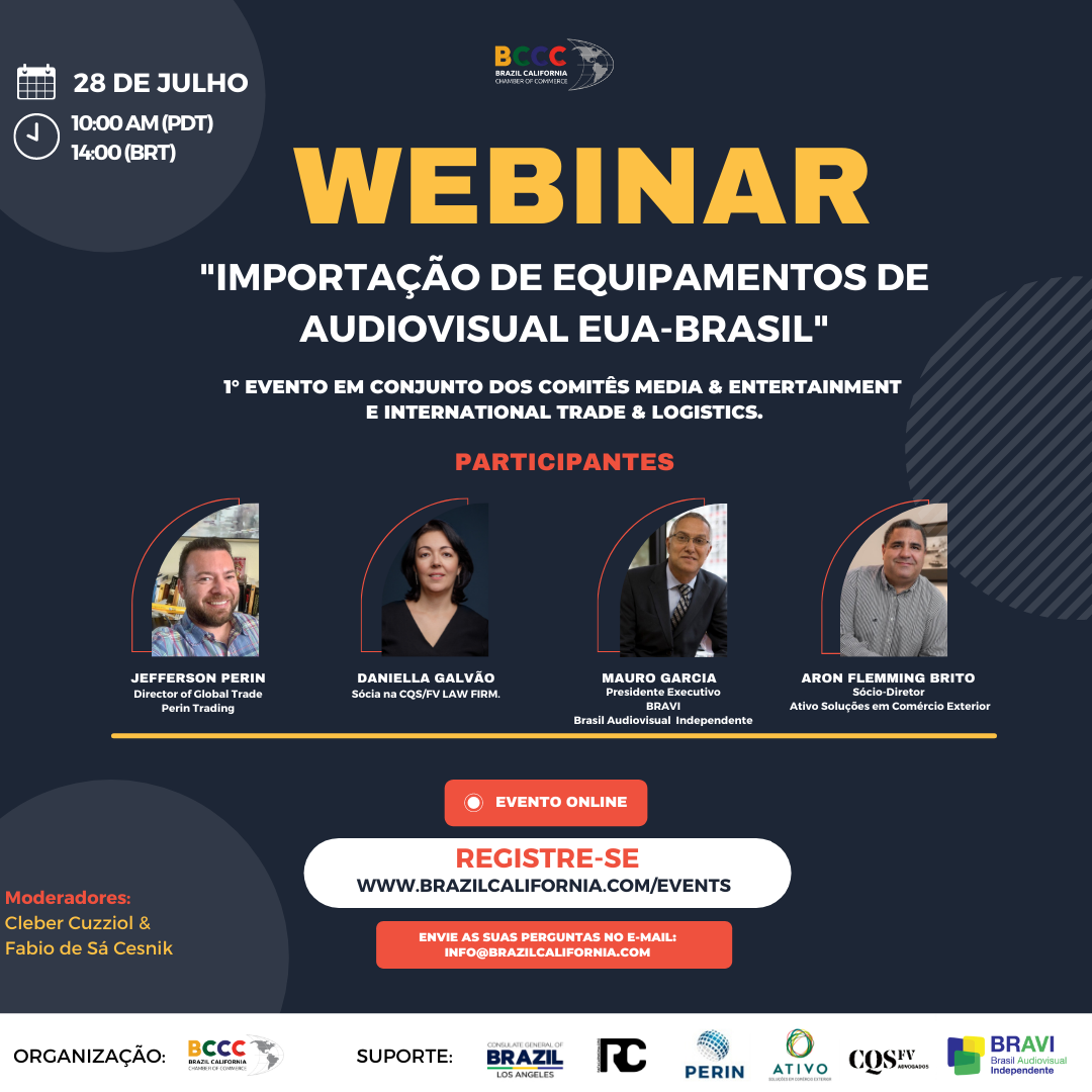 Webinar announcement about importing audiovisual equipment from the USA to Brazil, with speakers' photos and registration link.