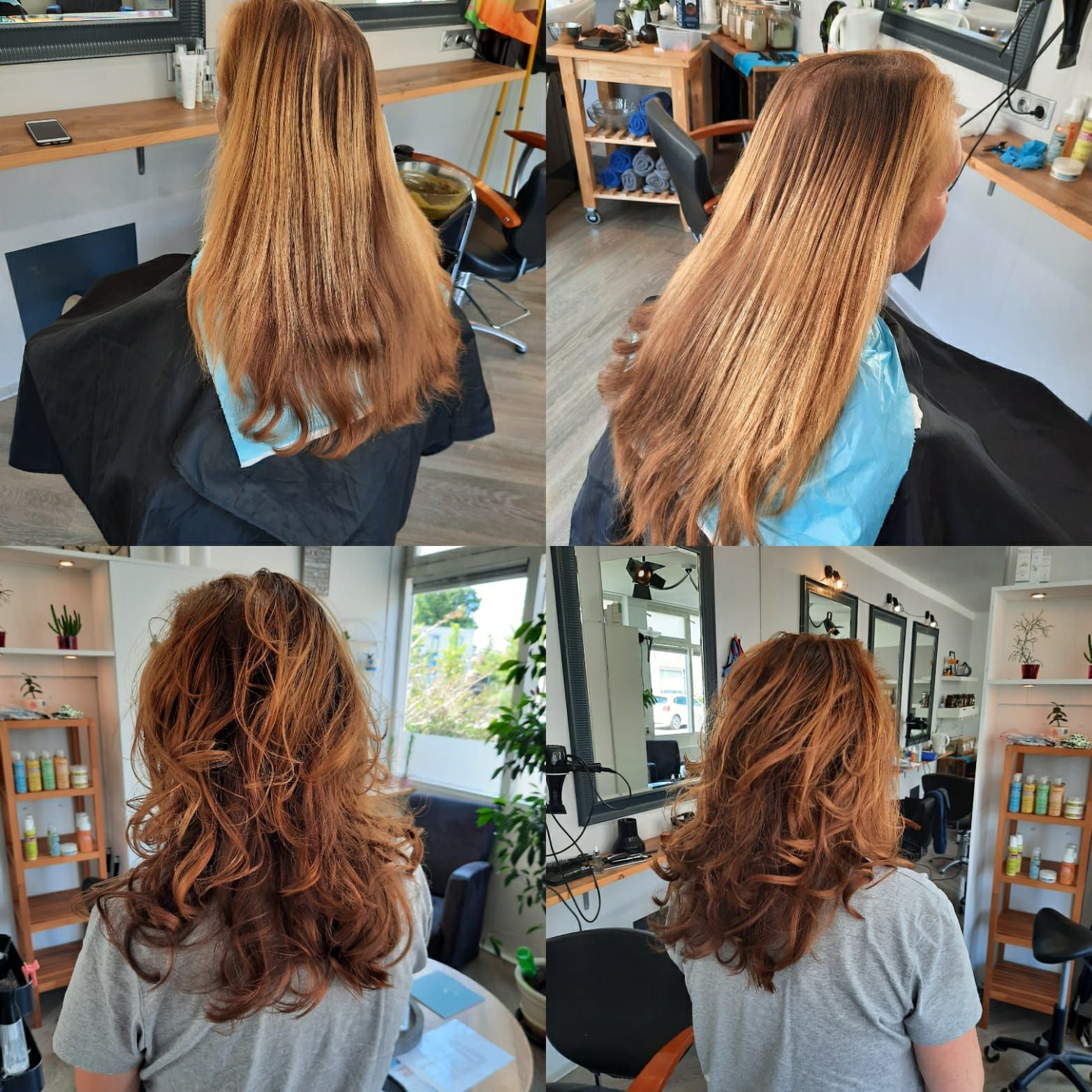Vierdelige salonfoto's van een haartransformatie, met voor- en na-foto's van een krullend kapsel, gezien vanaf de achterkant.