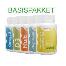 BASISPAKKET met vier supplementflesjes: Omega 3, Multi, Magnesium en Vitamine C van Beyuna.