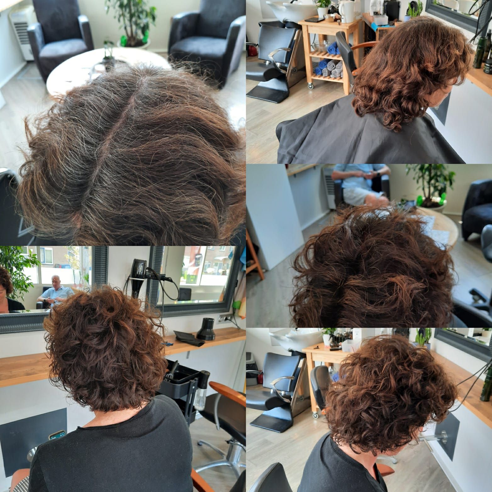 Collage van een kort, krullend bruin kapsel, gefotografeerd vanuit verschillende hoeken in een kapsalon.