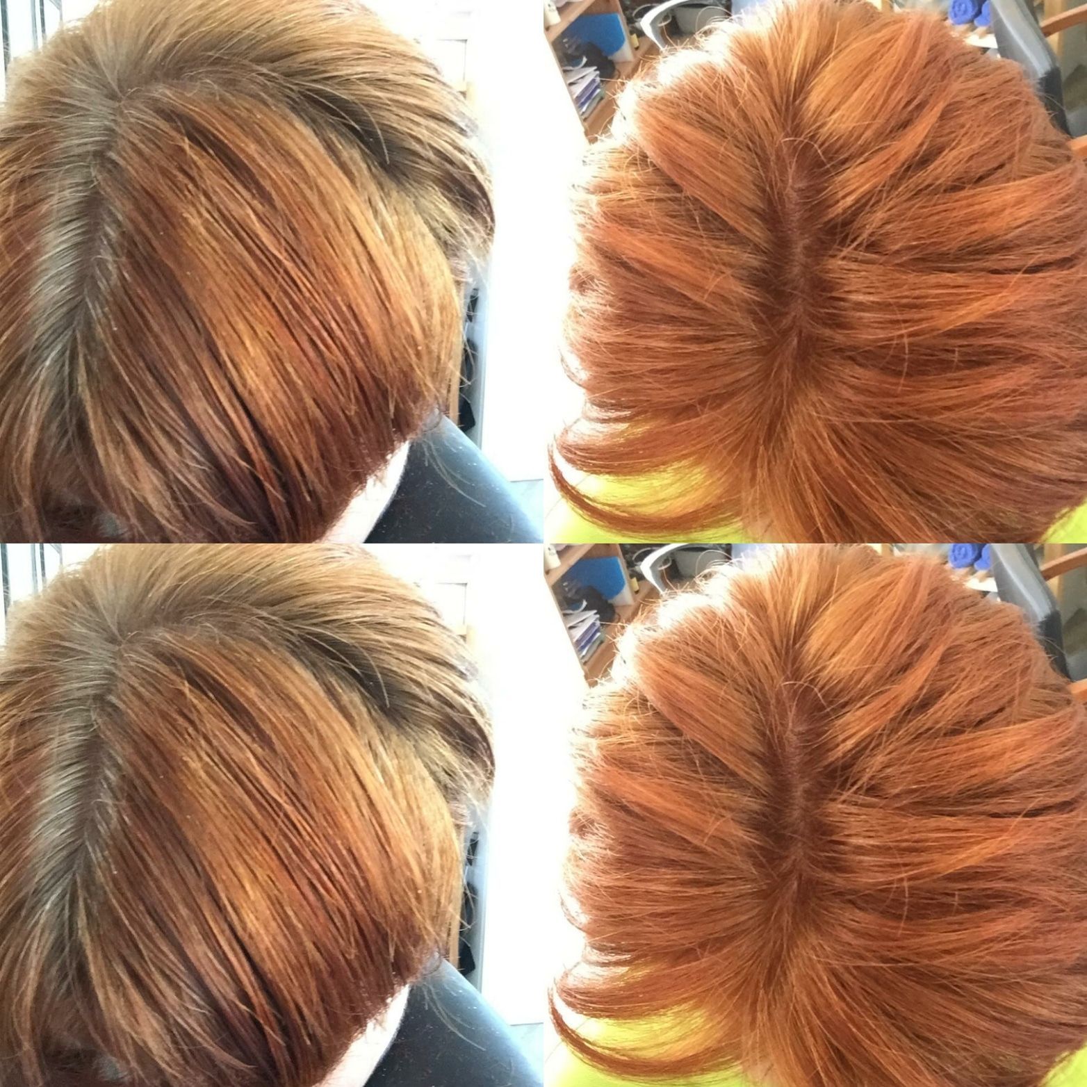 Collage met een vergelijking van haarkleuren, waarin twee aanzichten van kastanjebruin blond haar onder verschillende lichtomstandigheden worden getoond.