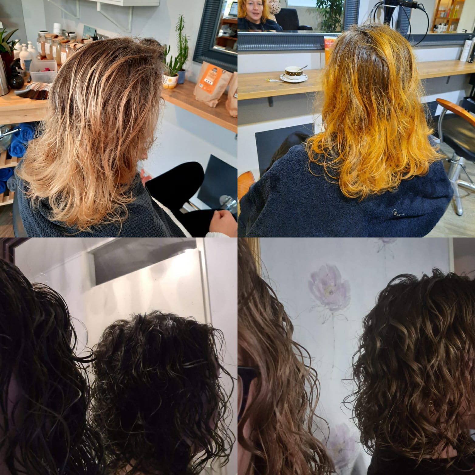 Saloncollage met voor- en na-foto's van golvend haar, met krullend haar op de onderste foto's.