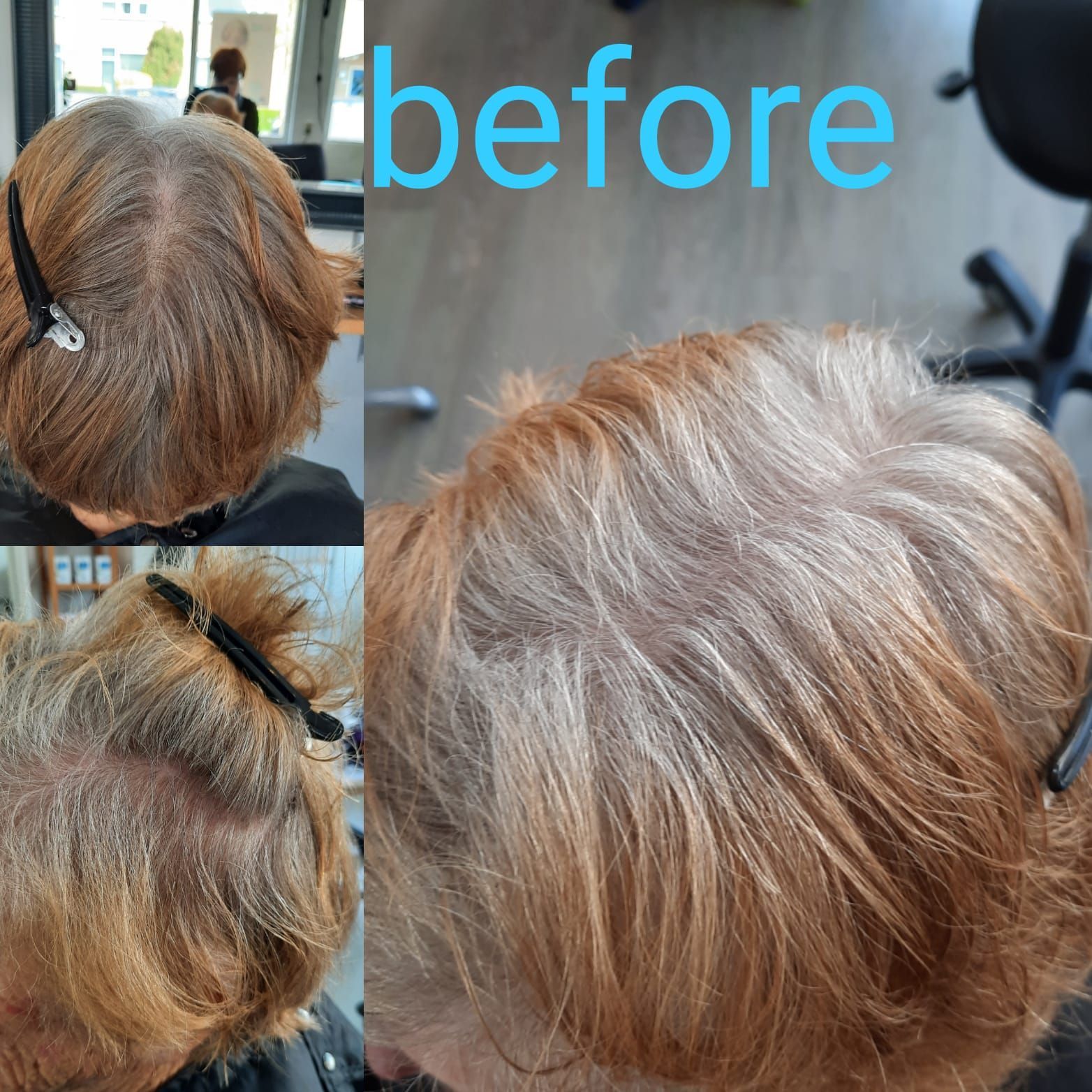 Close-up van een kapsalon met voor- en nafoto's van een kort, lichtbruin kapsel.