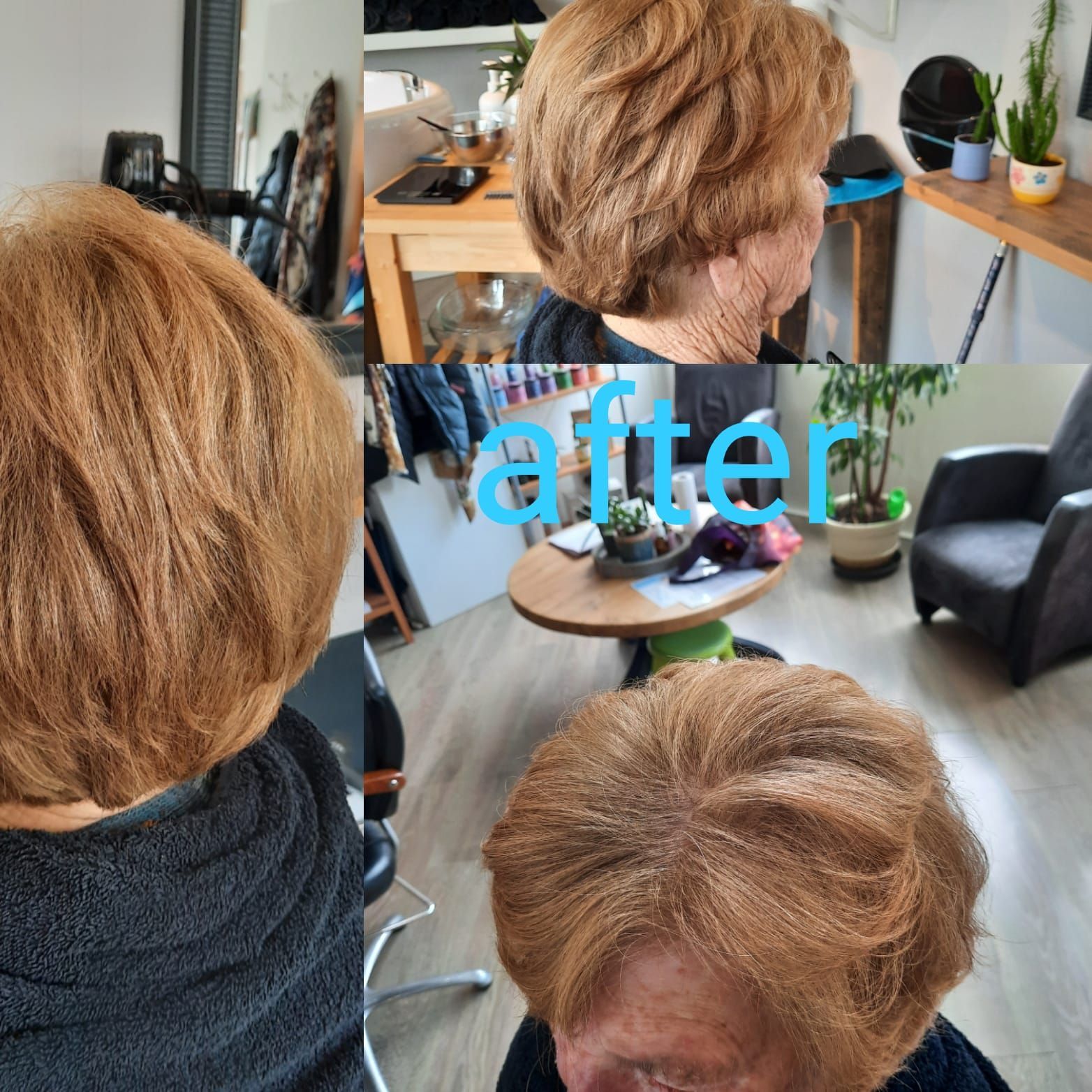 Collage van een kort blond kapsel met de tekst