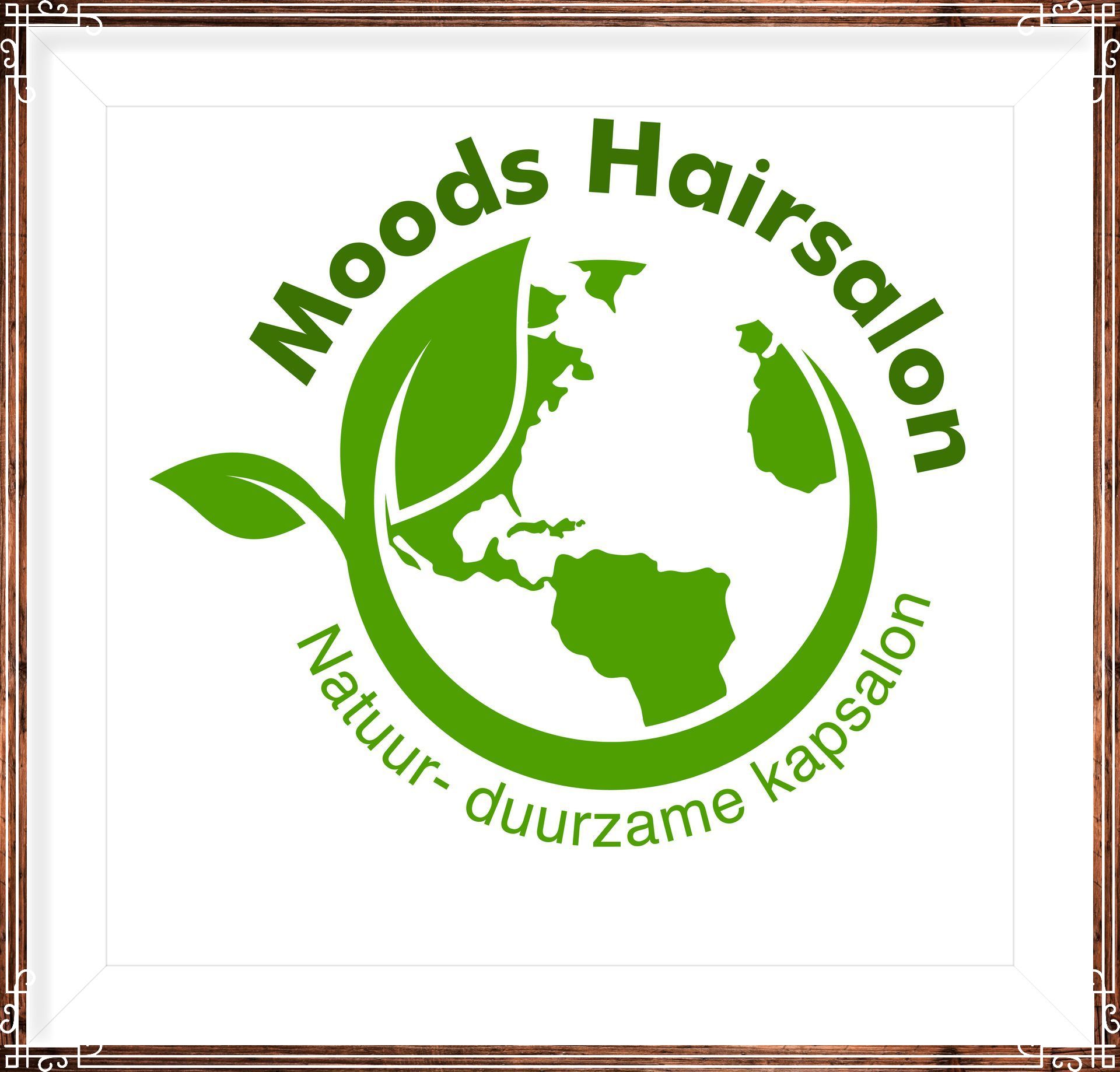 Moods Hairsalon logo with green leaf and globe, text “Natuur-duurzame kapsalon”
