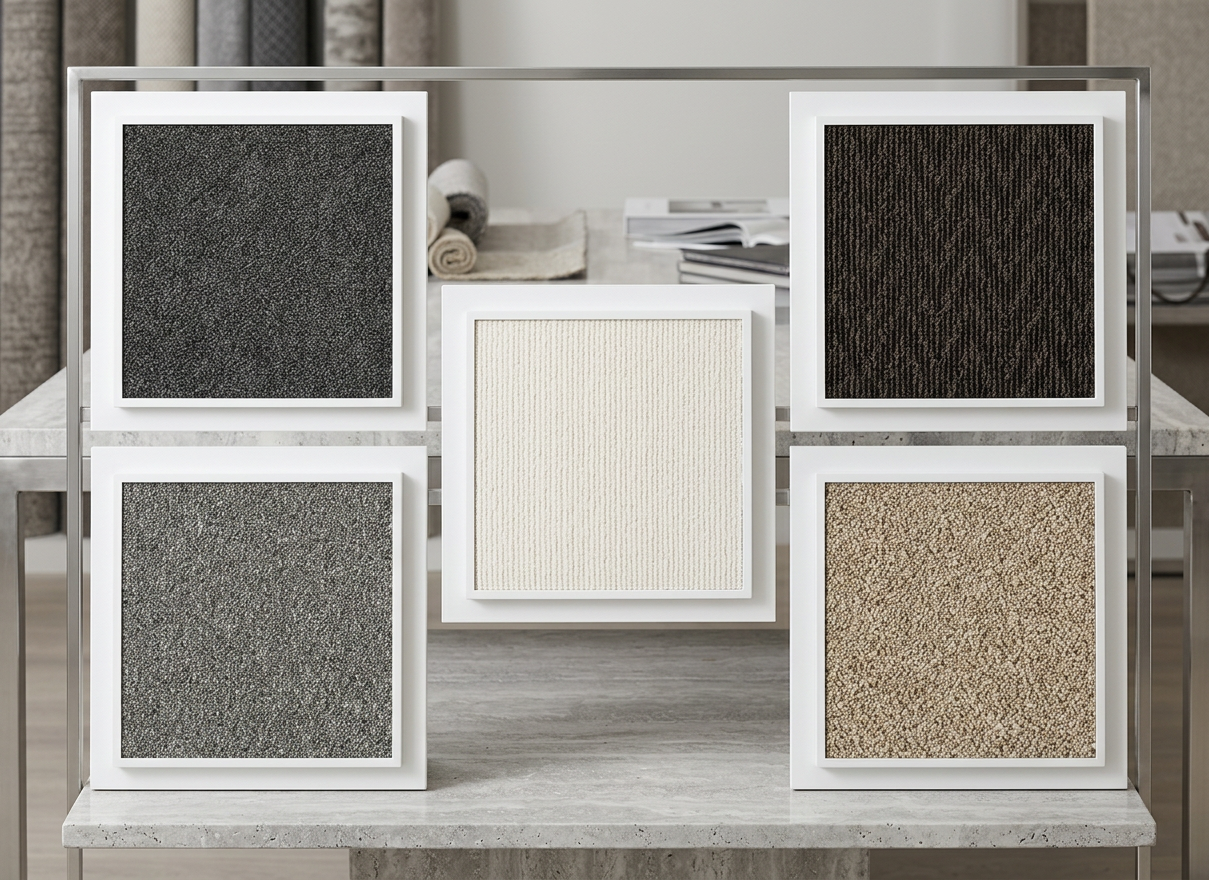 Five framed texture panels displayed on a shelf in black, white, and beige tones