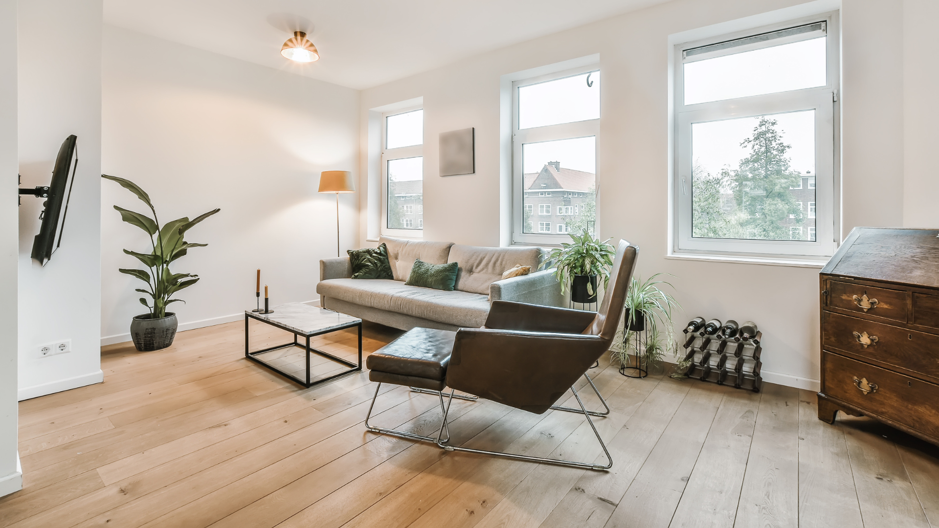 Bright modern living room with white walls, wooden floors, gray sofa, chairs, and large windows