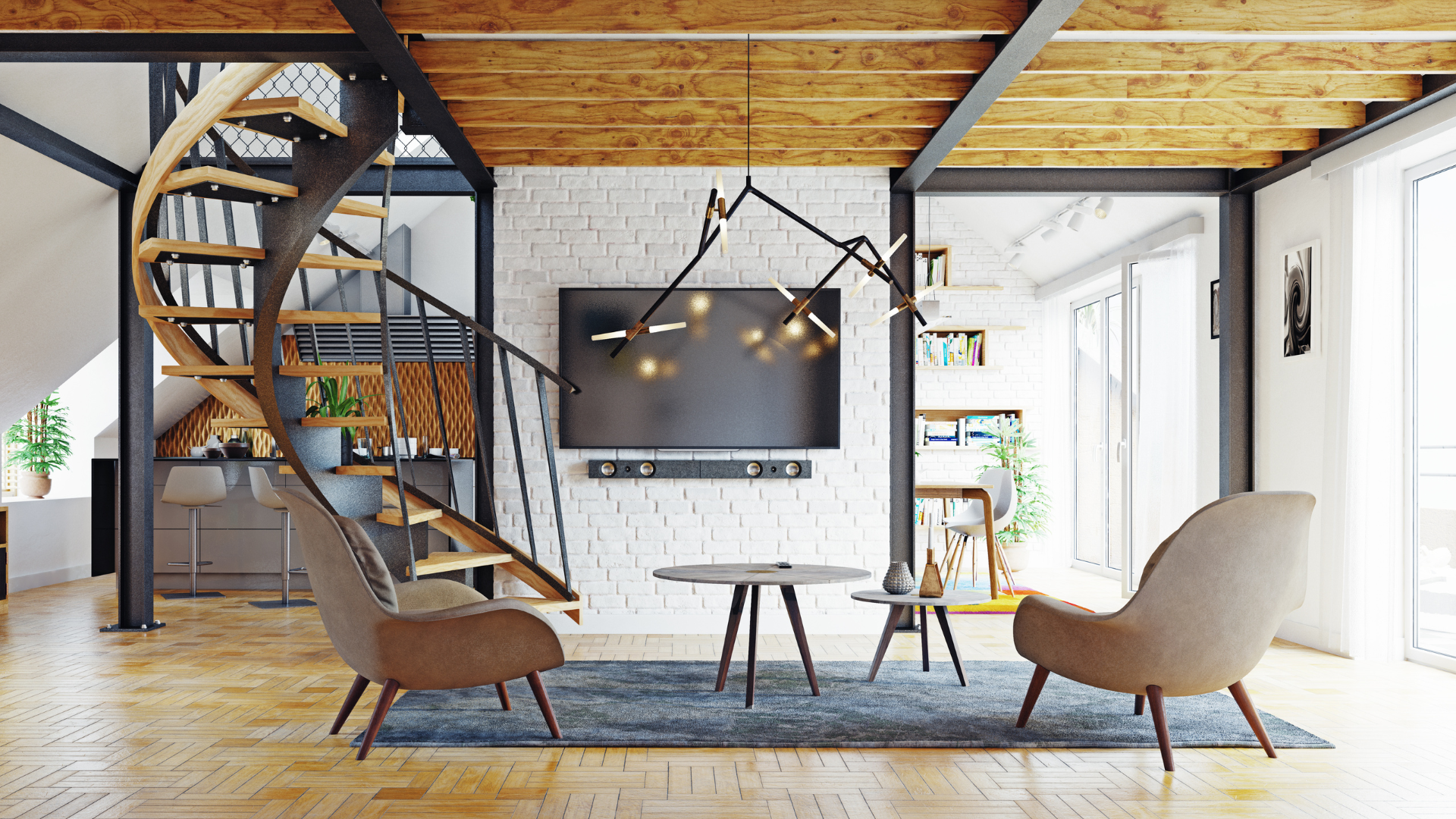 Modern living room with spiral staircase, wall-mounted TV, and two beige chairs by large windows.