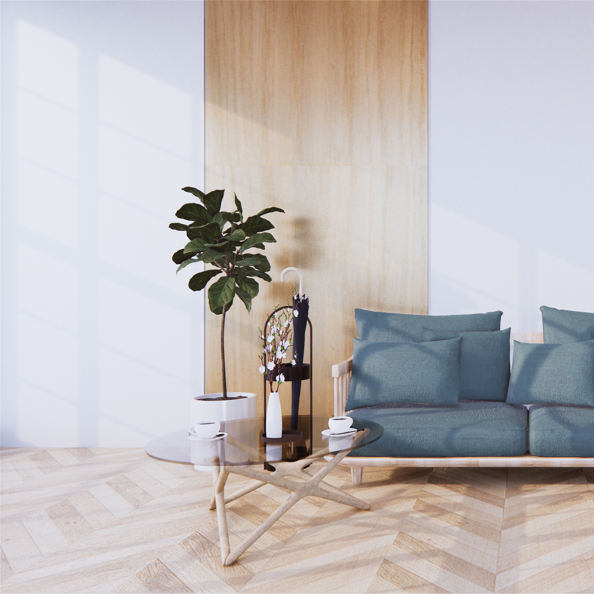 Bright living room with blue sofa, potted plant, wooden accent wall, and glass coffee table