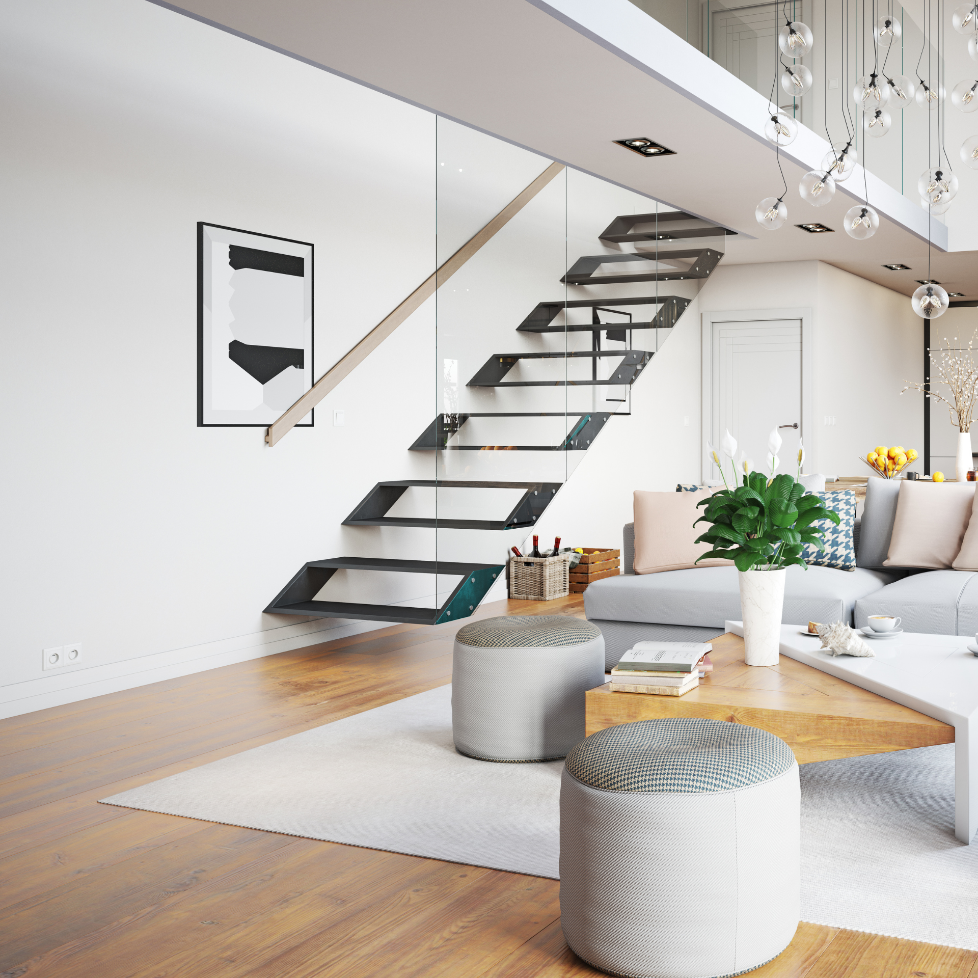 Modern living room with floating staircase, white walls, wood floor, and light gray sofas around a coffee table