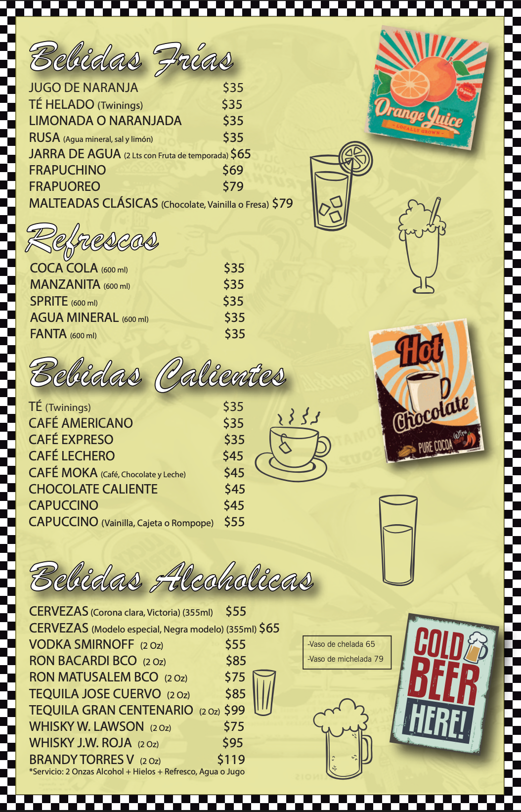 Menú retro con listado de bebidas, garabatos y anuncios de bebidas vintage sobre un fondo beige.