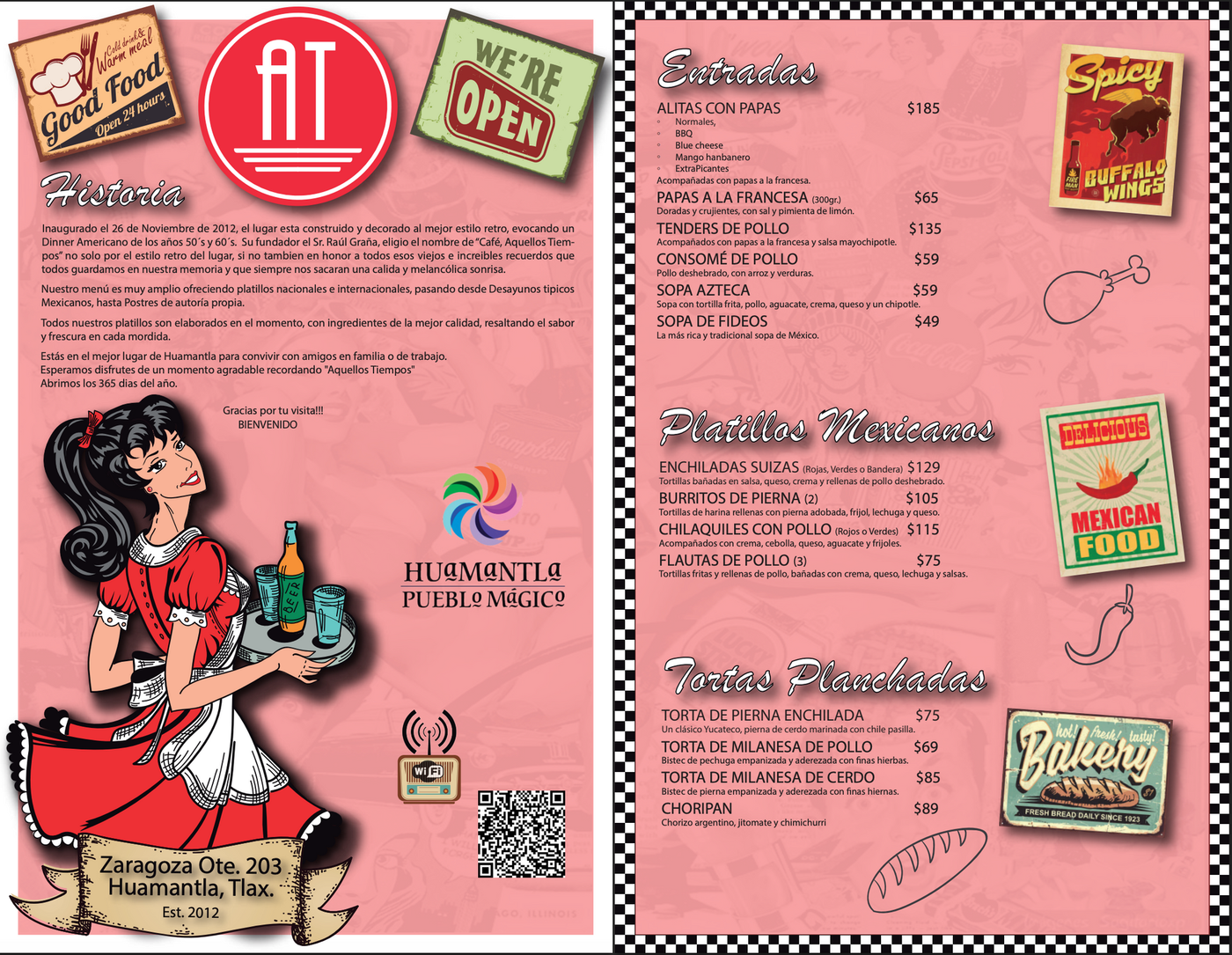 Menú rosa con ilustraciones retro, insignias de hamburguesas y un camarero de dibujos animados que lleva la comida.