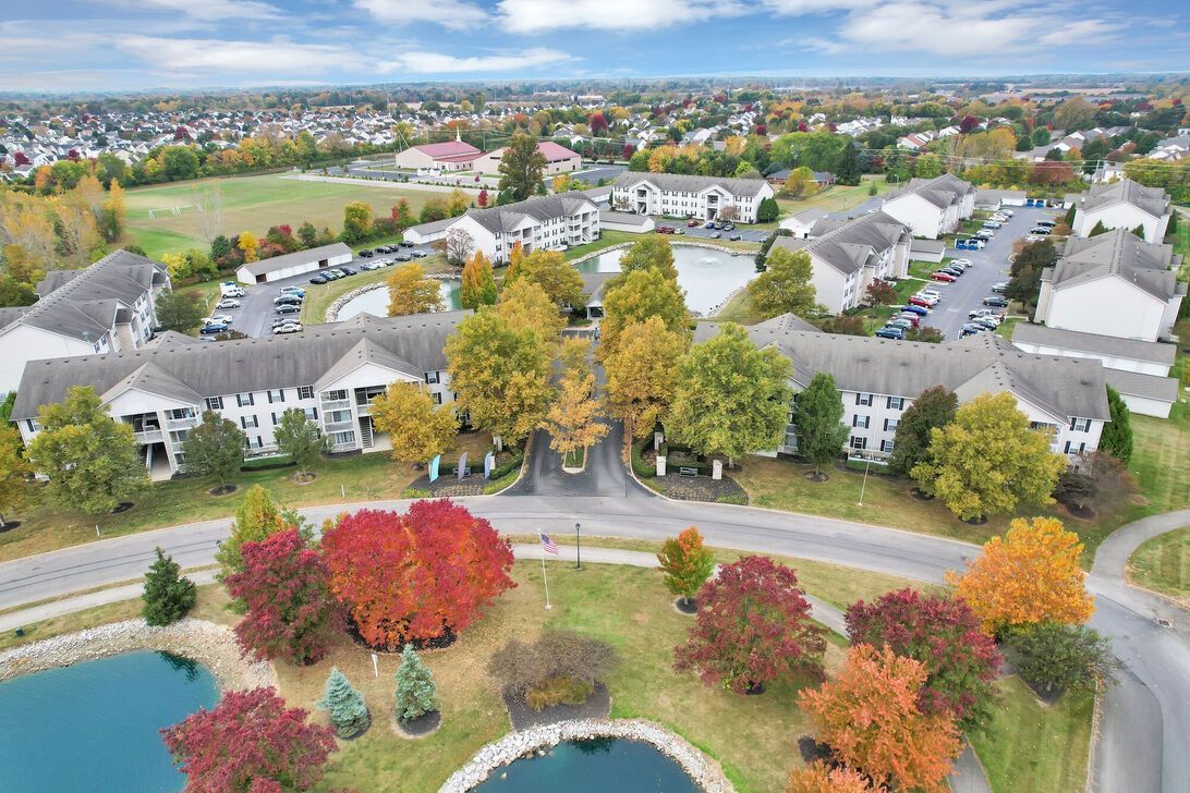 Aerial view of suburban homes, roads, and autumn-colored trees beside a small pond