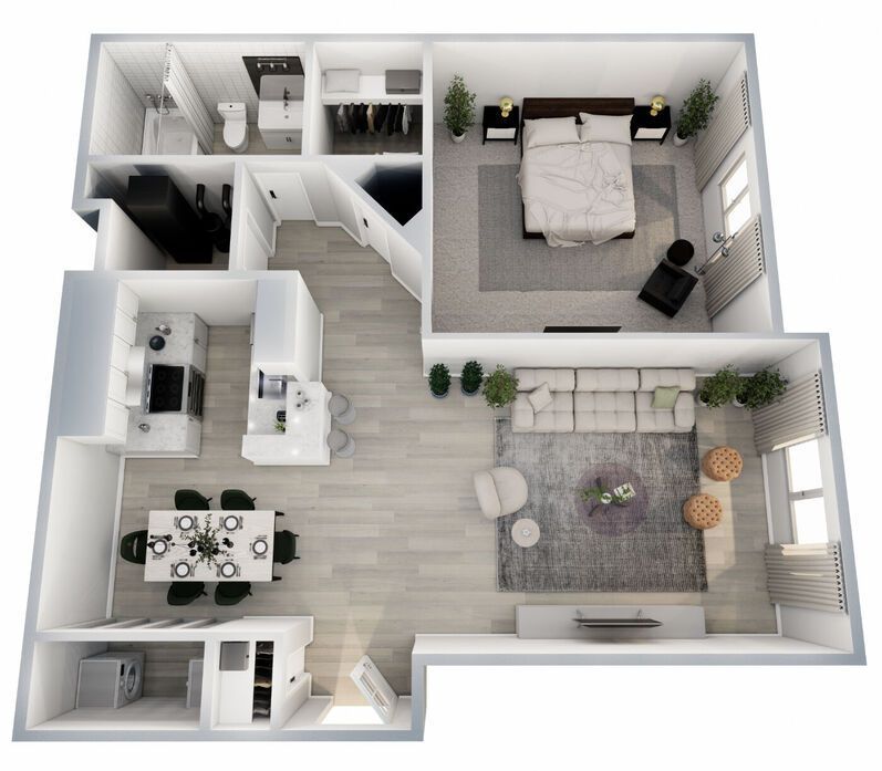 Top-down view of a modern one-bedroom apartment with kitchen, living room, bedroom, and bathroom.