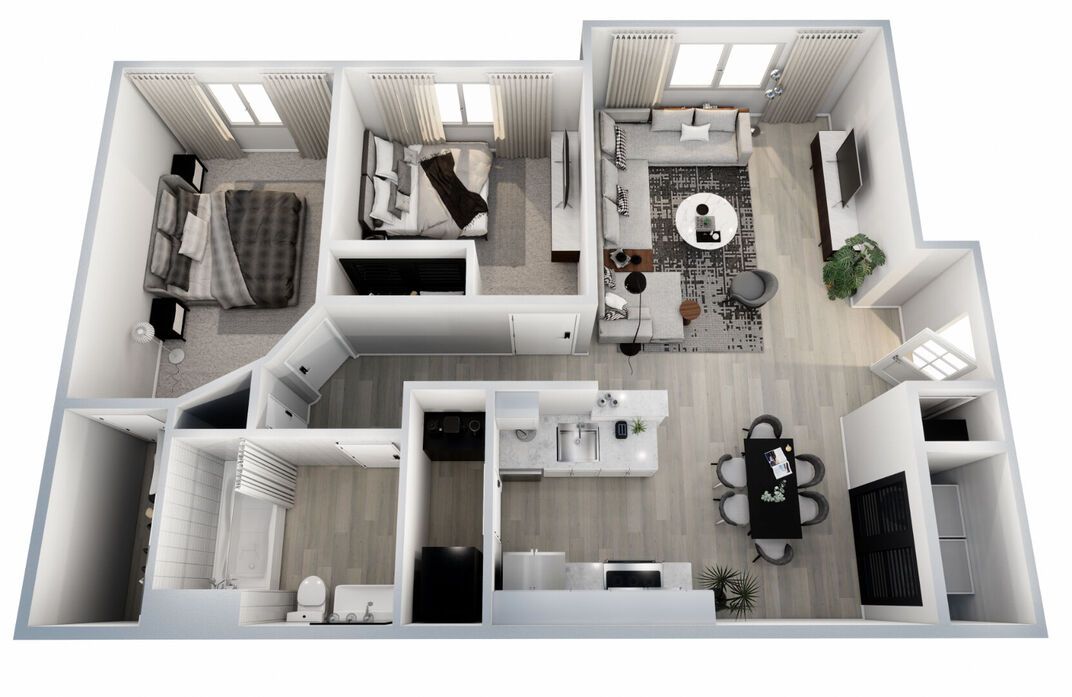 3D floor plan of a modern apartment with living, dining, kitchen, bathroom, and bedrooms