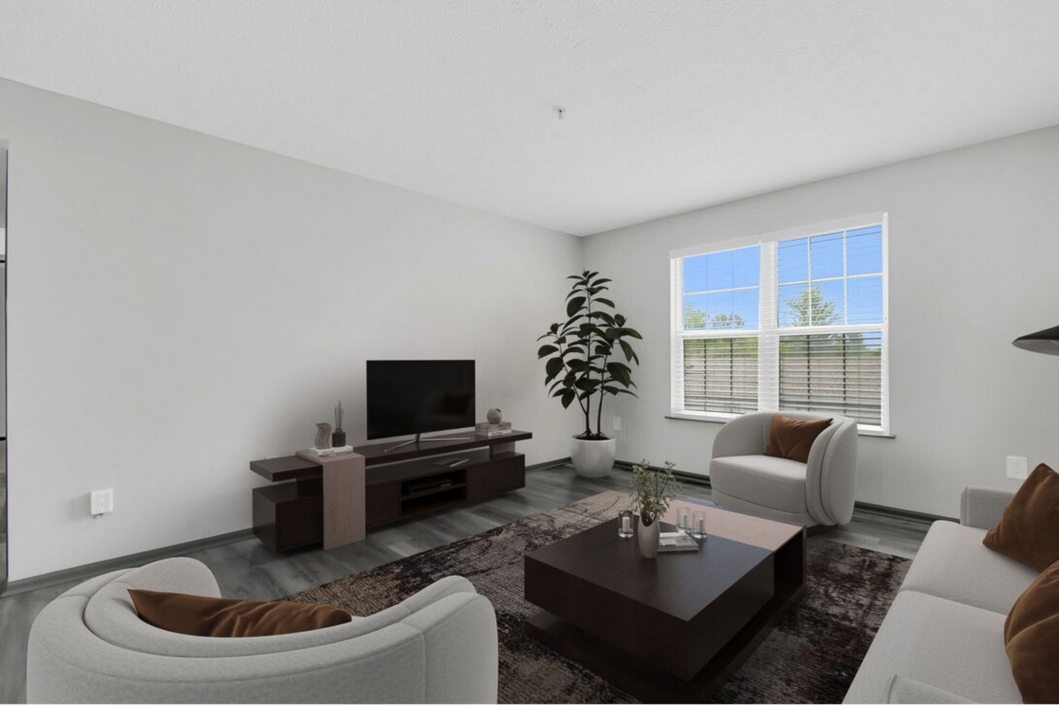 Modern living room with gray furniture, TV console, coffee table, rug, plant, and bright window.