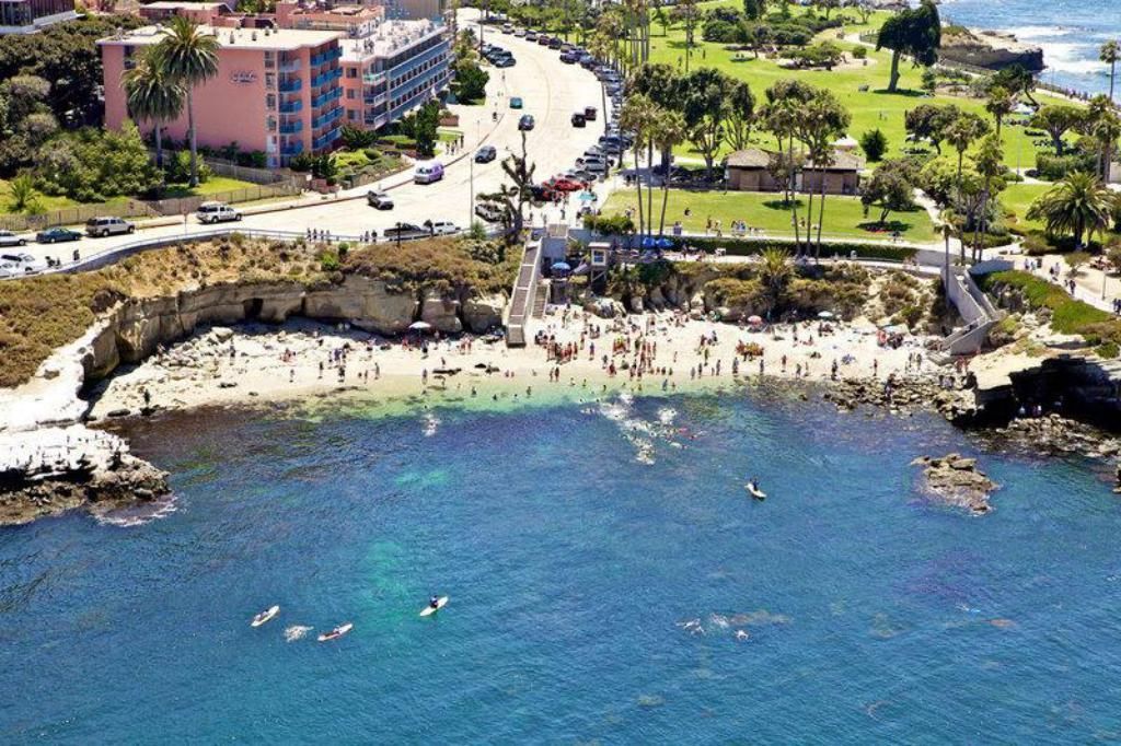 An aerial view of a beach with a lot of people on it