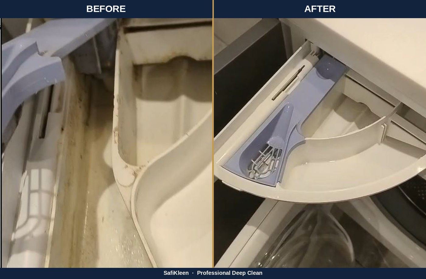 Washing machine detergent drawer before and after deep cleaning, with limescale and mould removed from the dispenser housing