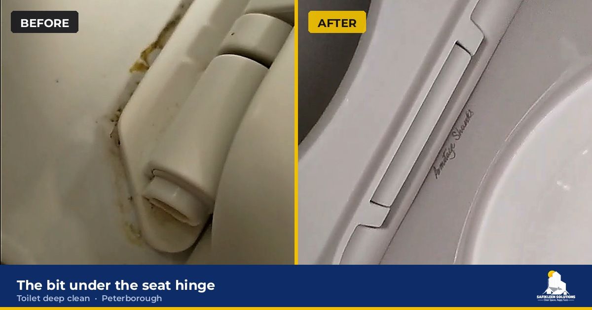 Before and after a toilet deep clean in Peterborough, with the yellow deposit around the seat hinge