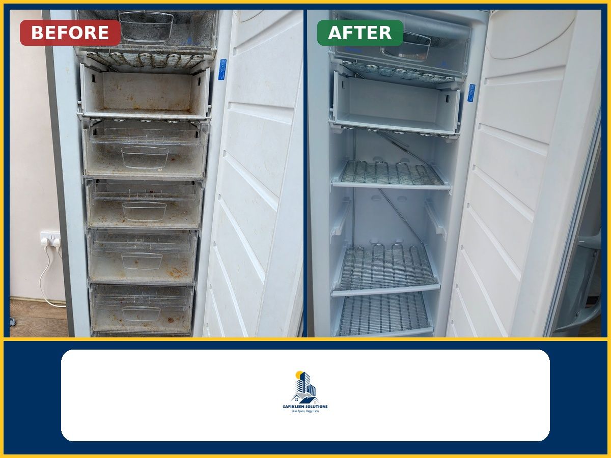 Before and after photos of an upright freezer deep clean by SafiKleen Solutions, showing rust and gr