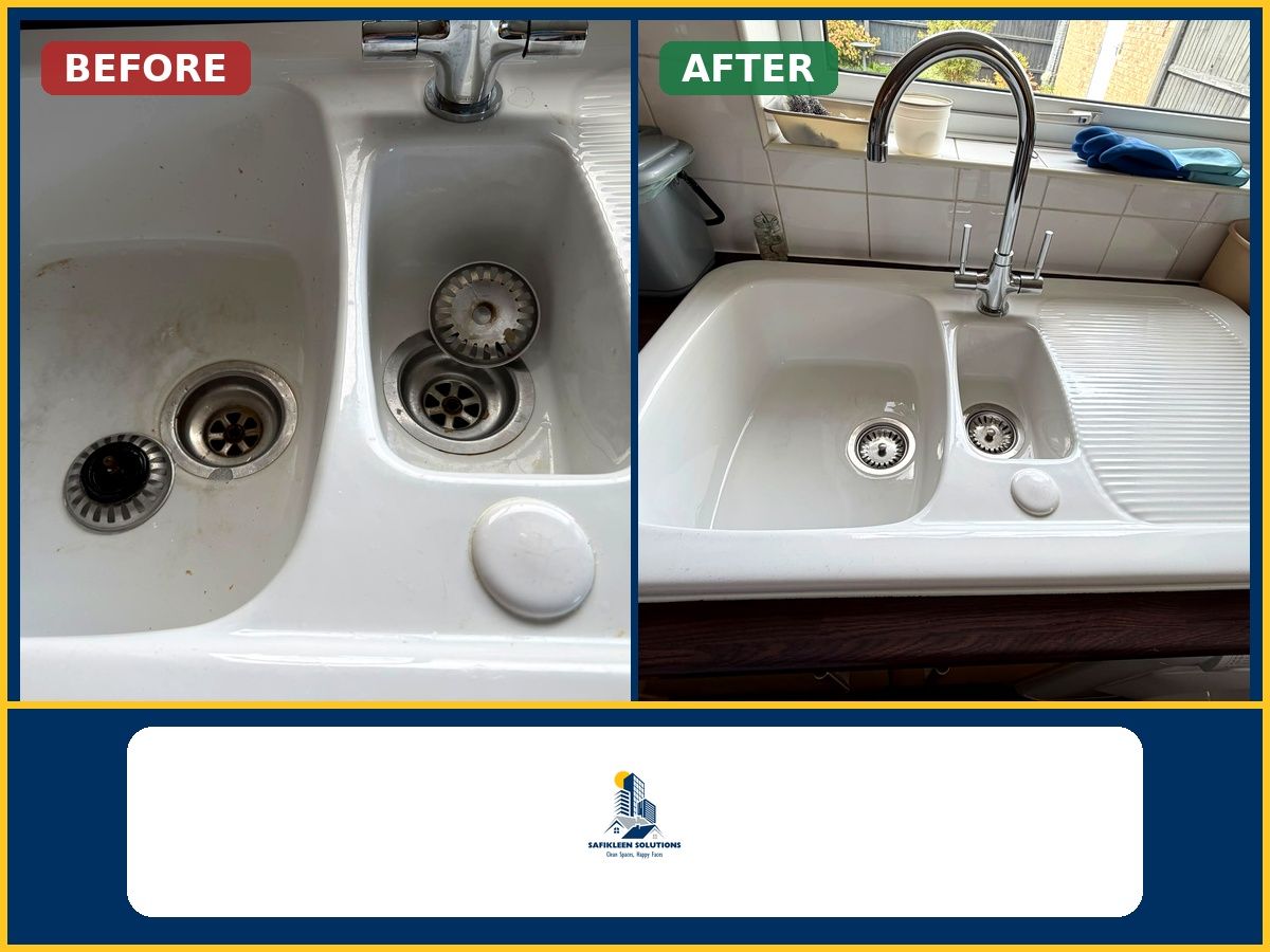 Before and after photos of a kitchen sink deep clean by SafiKleen Solutions, showing grime removed from the strainer and drain