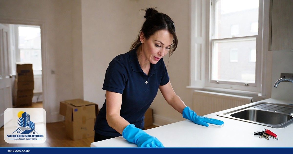 Cleaner wiping a kitchen worktop during an end of tenancy clean in an empty Peterborough flat