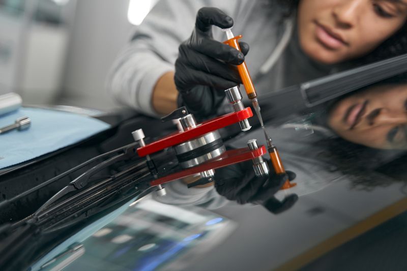 Female Worker Repairing Cracked Windshield In Bridgeview IL Female Worker Repairing Cracked Windshield In Bridgeview IL