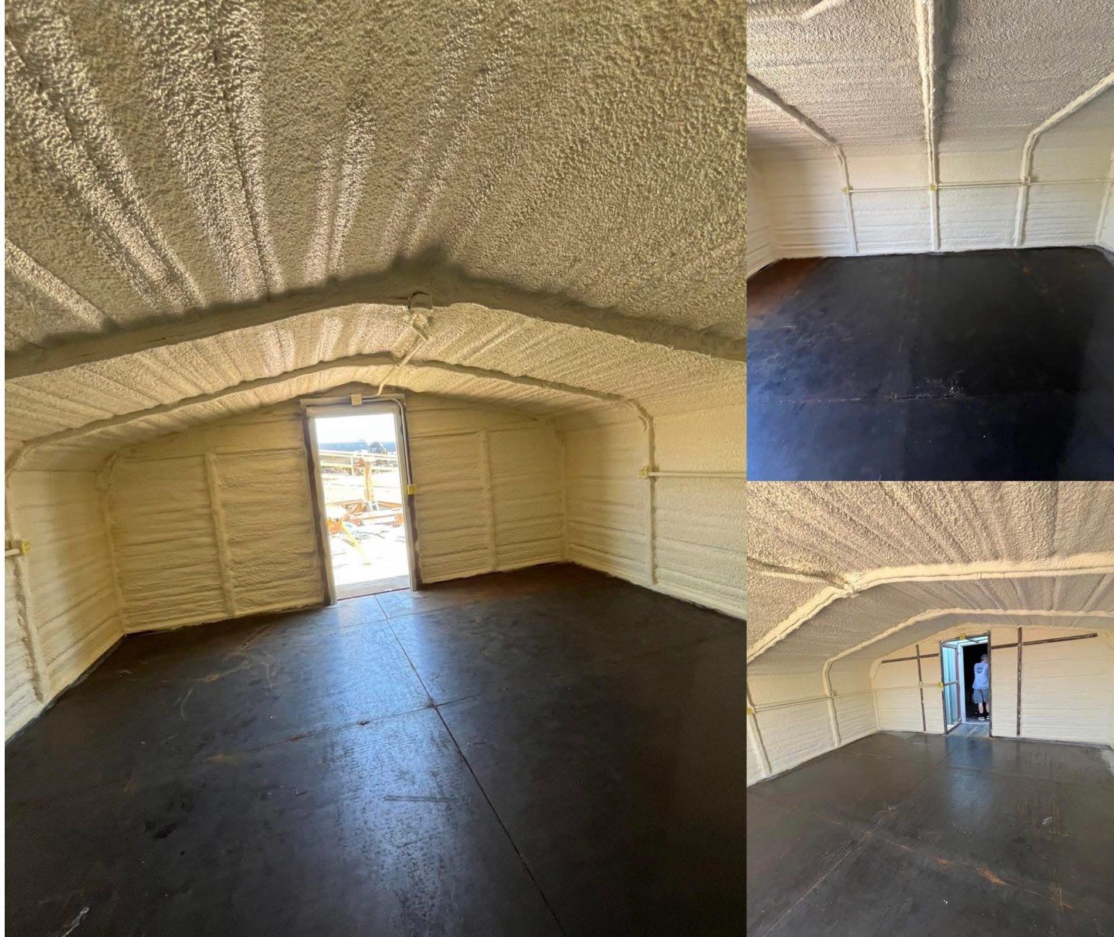 Empty beige shed interior with dark floor and open doorway, shown in three views.
